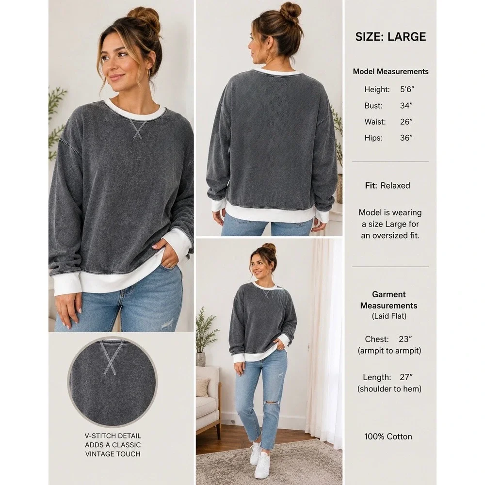 White Birch Mineral Wash Sweatshirt Womens Large Charcoal Grey Cotton T10903XL